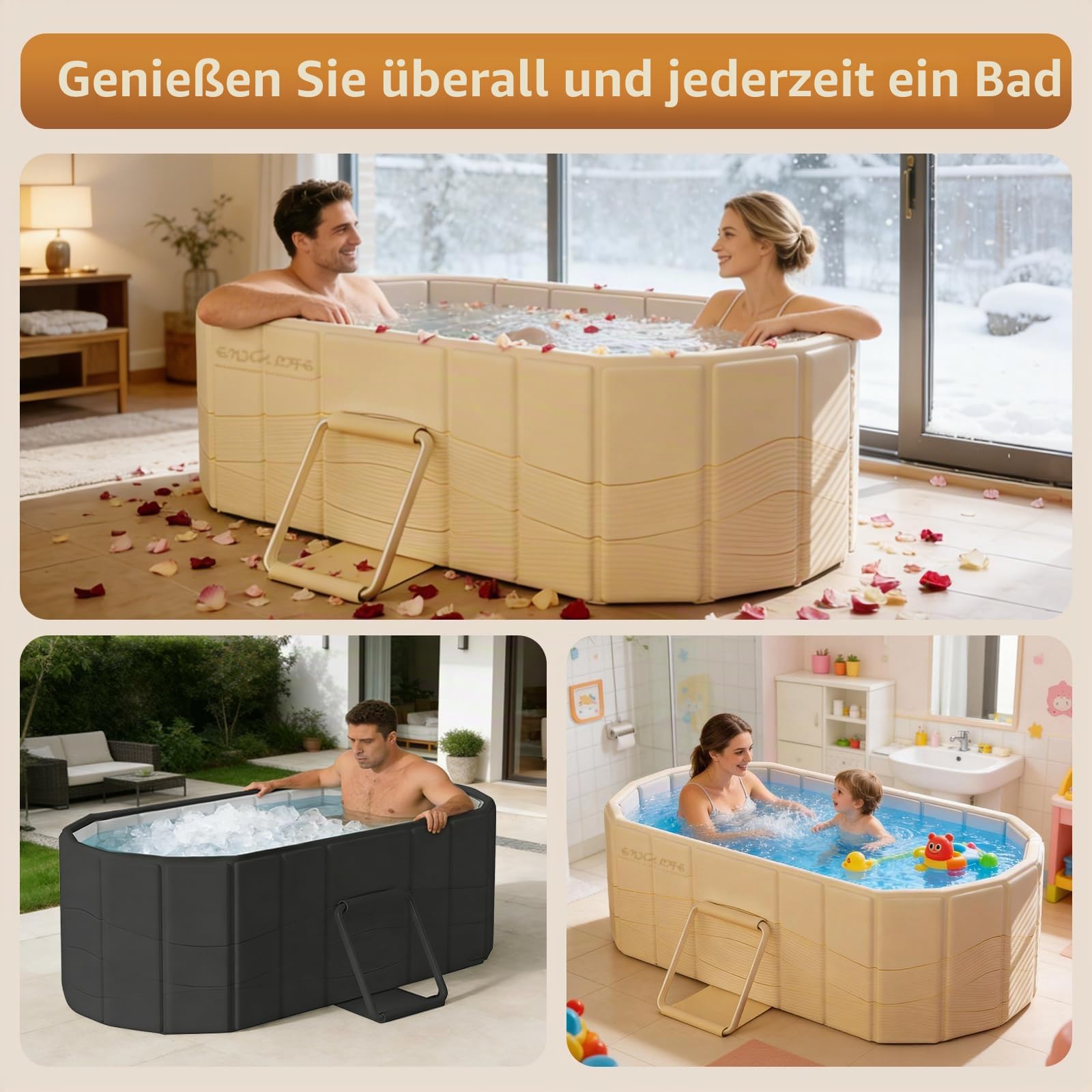 150cm Tragbare Badewanne Erwachsene, 2 Personen Eisbadewanne Zusammenklappbar Ohne Installation, Heiß & Kalt Wanne für Dusche, Badezimmer SPA Tauchbecken (Schwarz, 150cm)