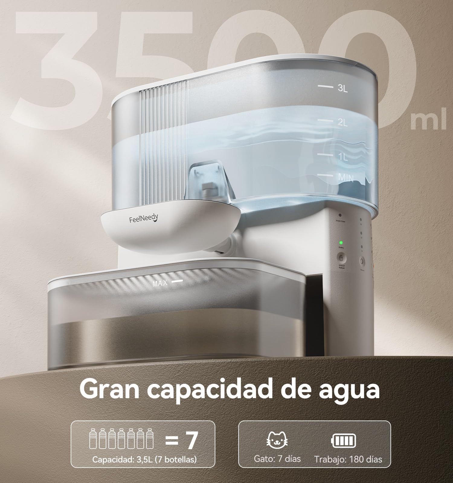FEELNEEDY Fuente para Gatos Sin Filtro e Inalámbrica con Batería 2000mAh, Separa el Agua Limpia del Agua Usada, Cuenco de Acero Inoxidable, Bebedero Gatos Sin Cable 3,5L, Blanca