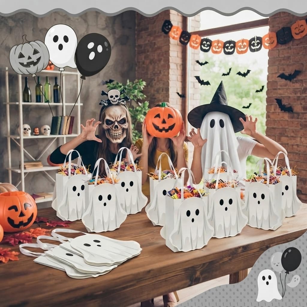 KOMBEYAN 10 PCS Halloween Ghost Goodie Bags, Trick or Treat Gift Candy Bags image 5
