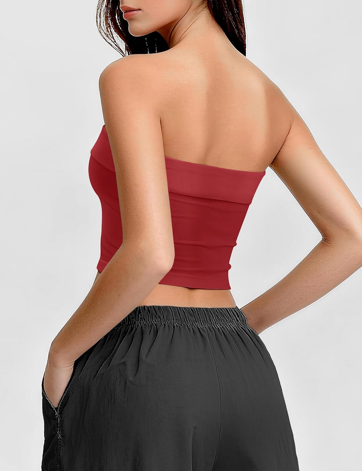 OLCHEE Womens 2 Pack Tube Tops Seamless Ribbed Strapless Bandeau Top Fold Over Slim Fitted Summer Going Out Shirt - Image 3