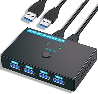 Usb 3.0 Switch with Button, SGEYR Usb Printer Auto Sharing Switch, Usb Selector Switch 4 Output, Bi-Directional Switch 2 In 4 Out, with Power Cable, 2Pcs USB3.0-A Cables, for Keyboard, Scanner, Mouse