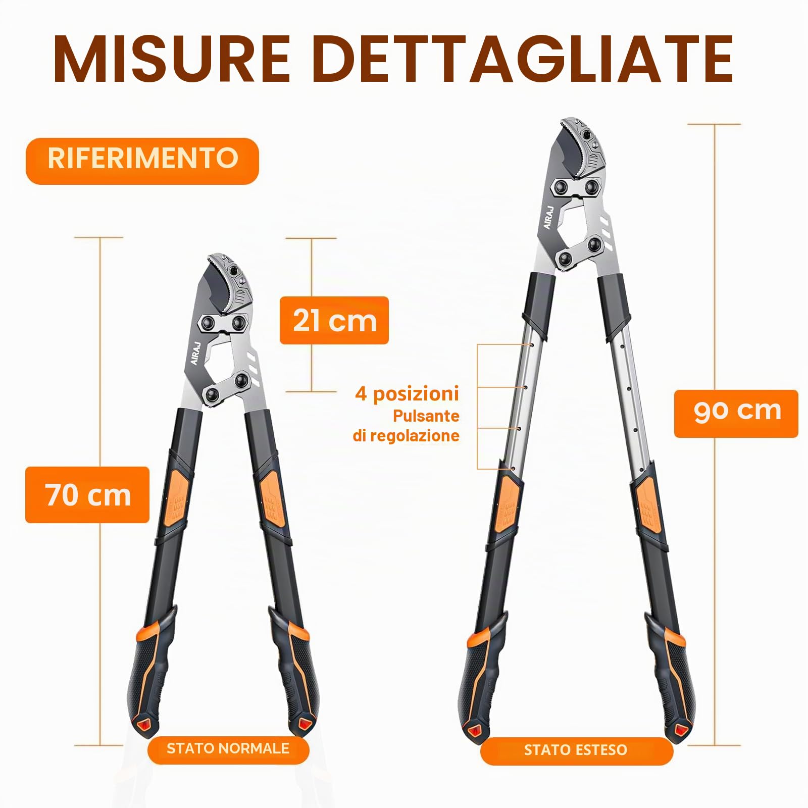 AIRAJ Troncarami da Giardino Telescopica 68-88cm, Lame 55C Rivestimento Antiruggine, Potatura Rami 5.5cm
