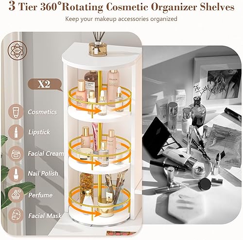 Miniatura 3 de Mesa de tocador con espejo LED y estantes organizadores de maquillaje giratorios 360, tocador de maquillaje blanco con luces y estación de carga,