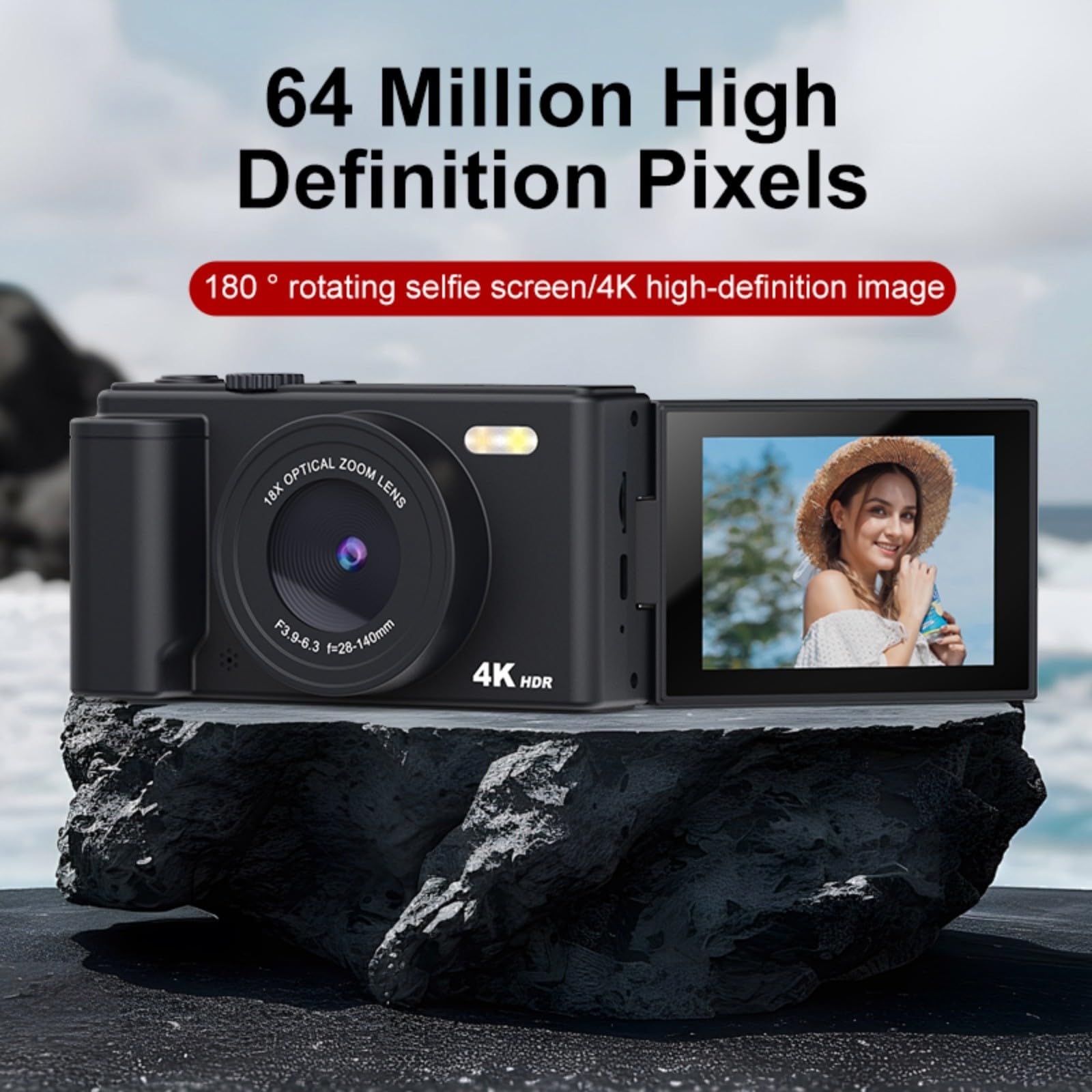 Fotocamera digitale da 64 MP 4K con zoom 16X e schermo a ribalta, telecamera compatta per vlogging per viaggi, studenti e selfie (bianco 32G)