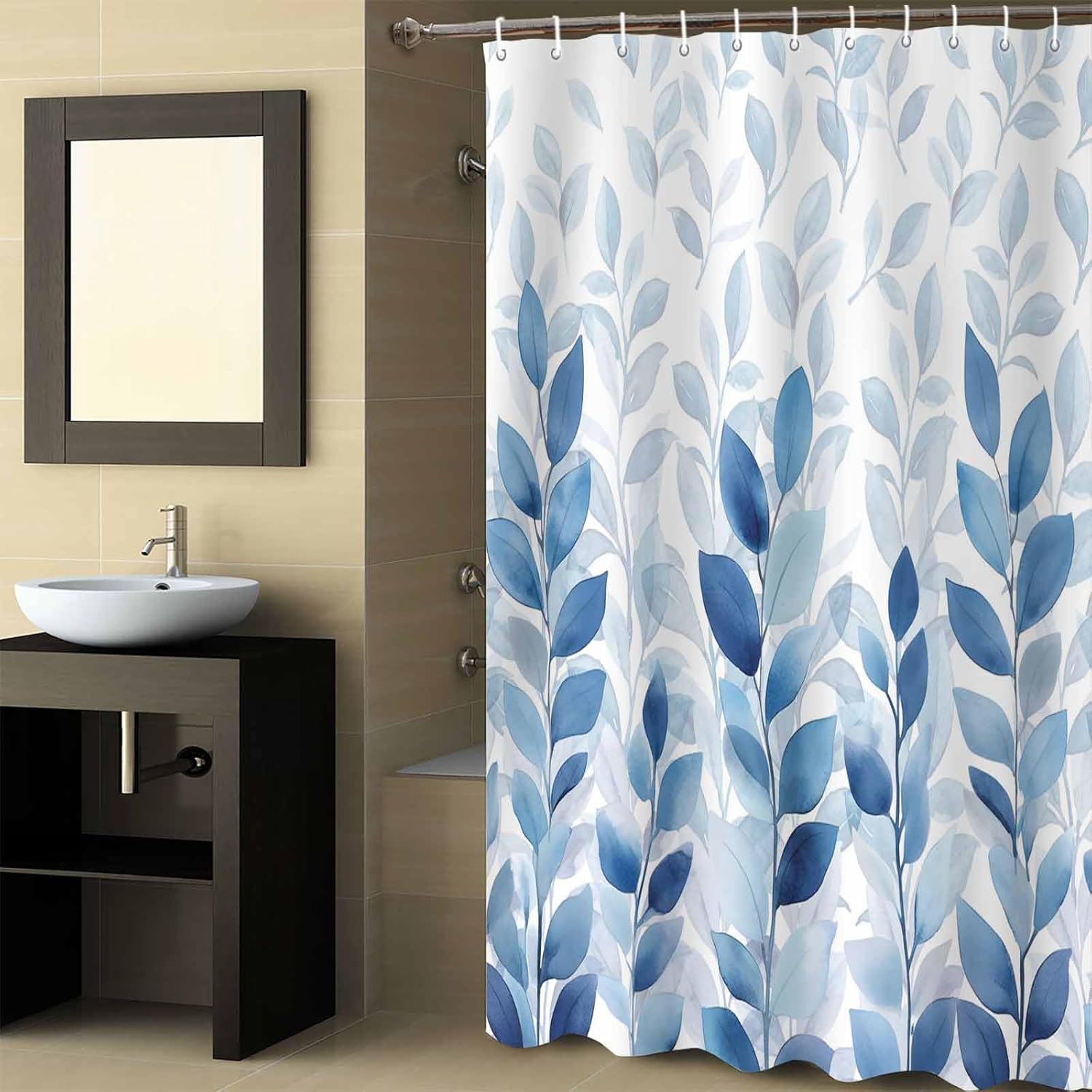 Blue Leaves Shower Curtain Set with Hook 72" x 96",Washable Cloth Polyester Fabric Shower+Curtain,Waterproof Bath Curtains for Bathroom,Showers,Bathtubs Decor Modern White Watercolor Botanical Plant