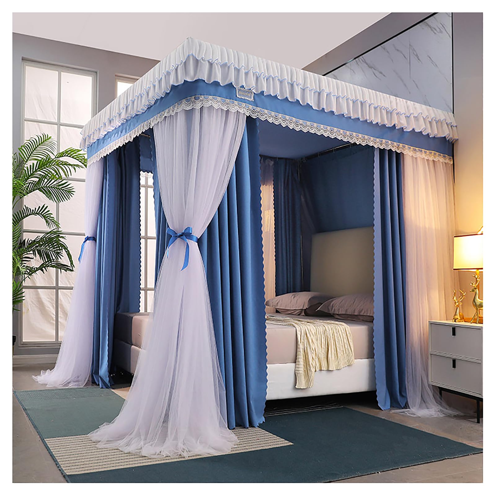 DOUZIO Canopy Bed Curtains, Mosquito Net for Bed 4 Poster Bed Canopy for Girls Princess Canopy Net Bedroom Bed Canopies & Drapes for Full/King/Queen Size Bed with Frame(Size:180×220×200cm,Color:Blue)