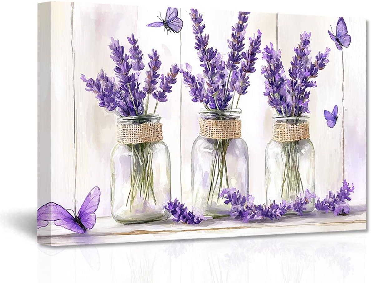 PBXBJY Lavender Wall Art Purple Flower Canvas Print Lavender in a Vase Pictures Rustic Floral Painting Poster Bedroom Bathroom Kitchen Decor Frame (12.00" x 18.00")