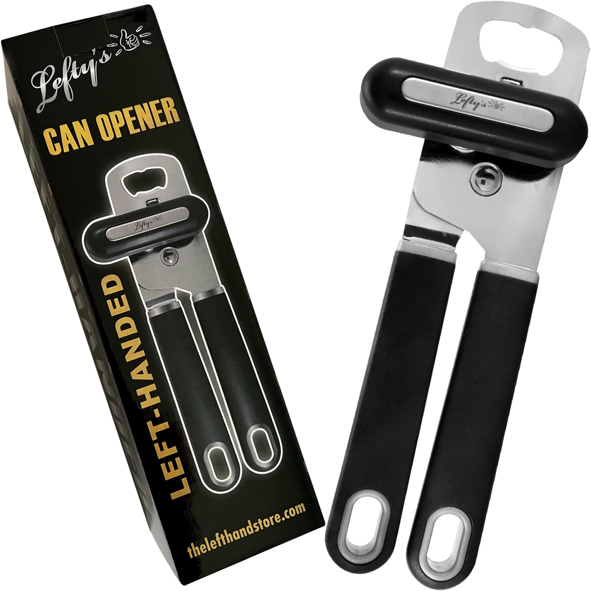 Lefty’s Left Handed Can Bottle Opener - Premium Design Black Heavy duty Stainless Steel - Easy To Turn Sharp Blade - Smooth Edge - Great Gift for Left-Handed People, Adults, Men and Women