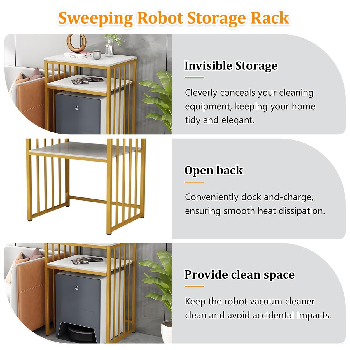 Meuble De Rangement Aspirateur Robot avec Plateau en Pierre, Étagère De Rangement pour Maison, Rayonnages Ouverts Cachés avec Pieds Réglables pour Salon, Chambre, Cuisine(White,60 * 40 * 83cm)