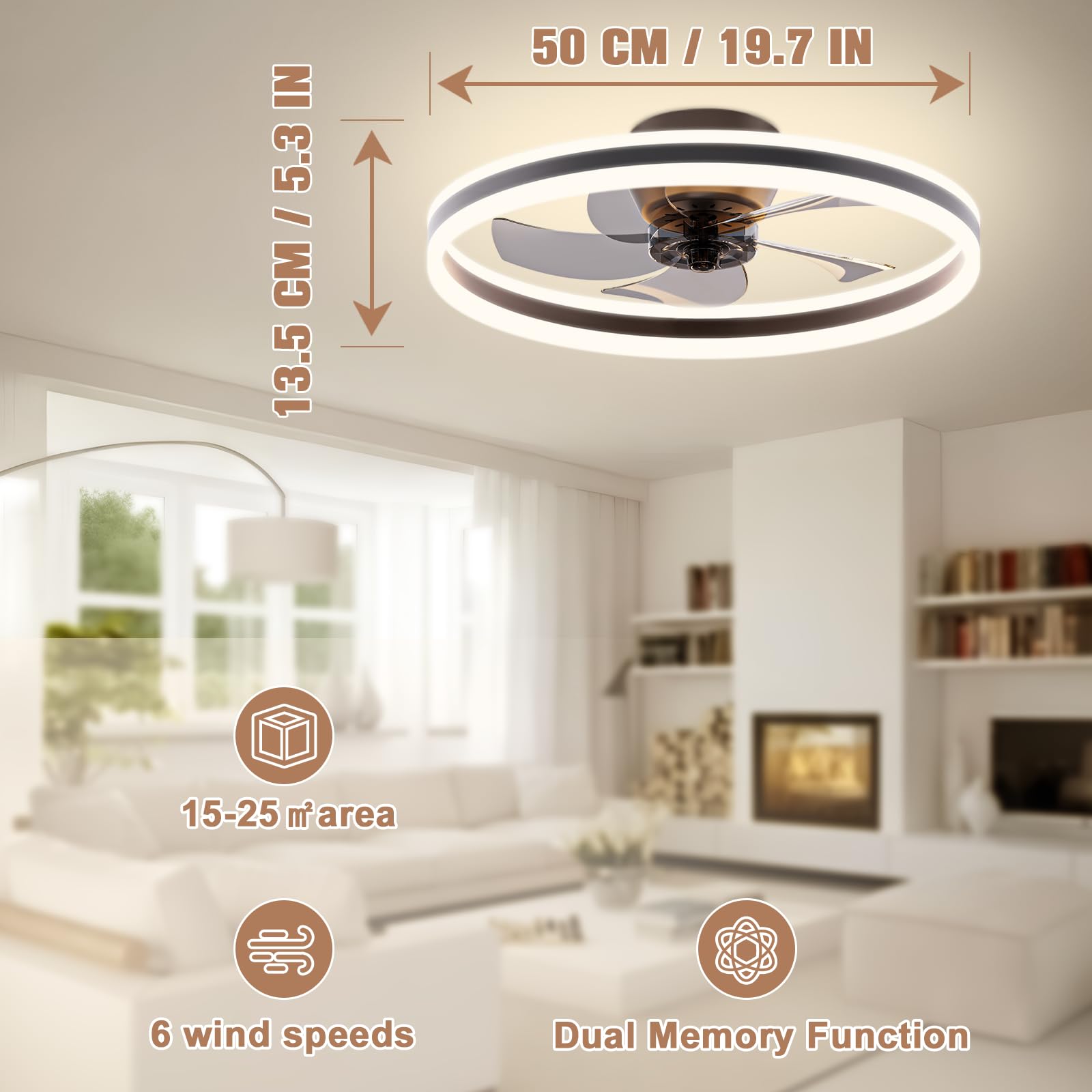VOLISUN Ventilateur de plafond avec éclairage et télécommande, 6 niveaux de vent et intensité variable, plafonnier moderne avec ventilateur, LED silencieux, pour chambre à coucher, salon (noir, 50 cm)