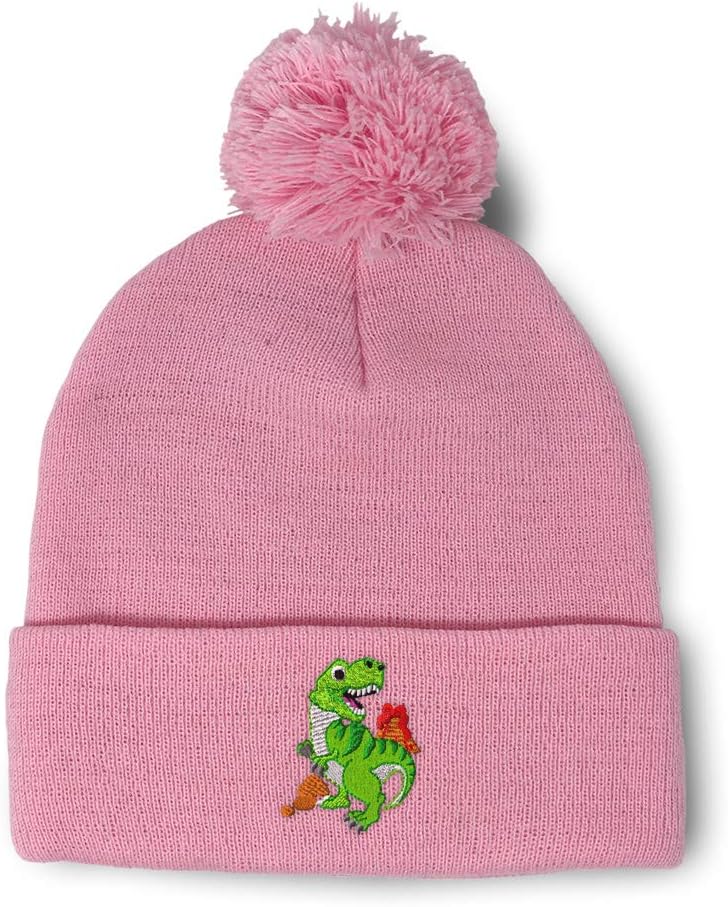 Pom Pom Beanies for Women T-Rex Dinosaur Embroidery Skull Cap Children Winter Hats for Men Acrylic 1 Size