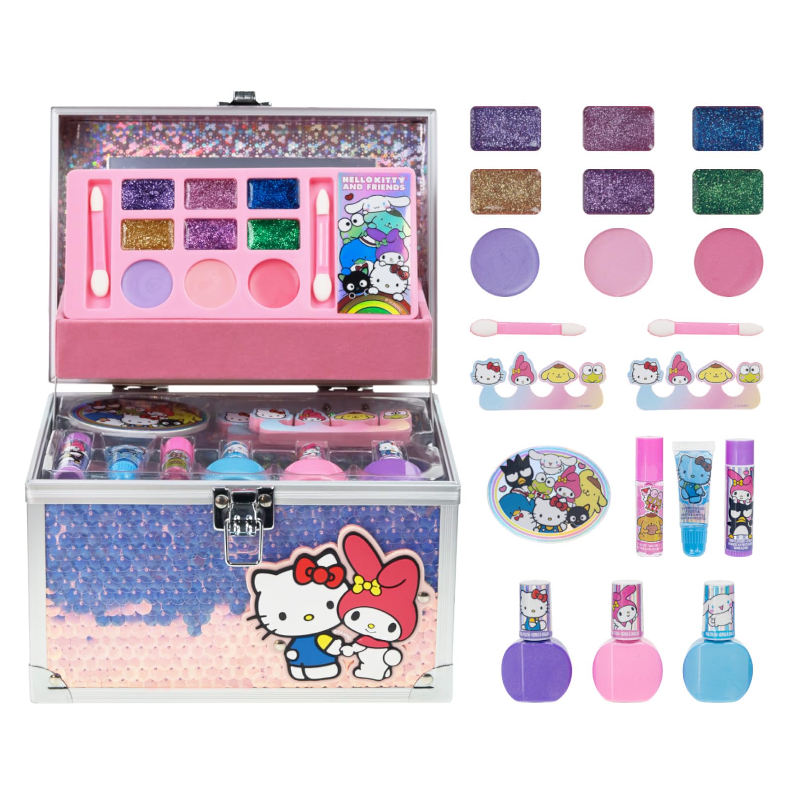 Hello Kitty & Friends Train Case Beauty Set, Kids Makeup Kit for Girls, Real Washable Makeup Set, Play Makeup, Party Favor, Birthday, Ages 3 4 5 6 7 8