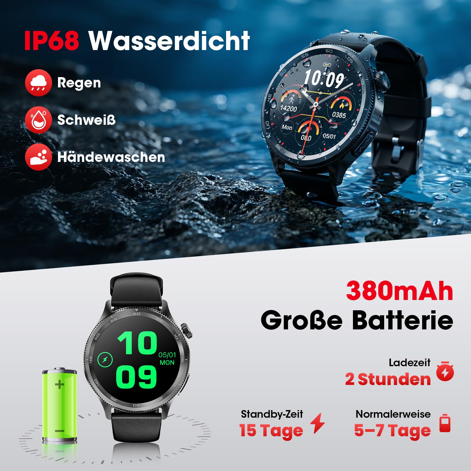 Smartwatch Herren mit EKG & 𝐇𝐑𝐕, 1,43" AMOLED Gesundheitsuhr | Bluetooth-Anrufe, Herzfrequenz, SpO₂, Schlafmonitor sowie BMI, Blutdruck und Harnsäurefunktion, Fitnessuhr für Android & iOS