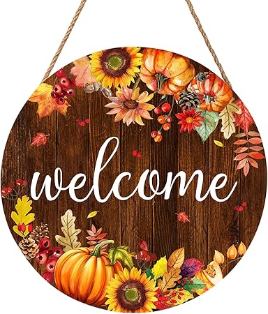 Fall Pumpkin Sunflower Front Door Sign 12"x12" Welcome Fall Door Hanger Autumn Thanksgiving Sign Farmhouse Fall Decorations Hanging Porch Sign Rustic Autumn Outdoor Plaques Wall Art Sign for...