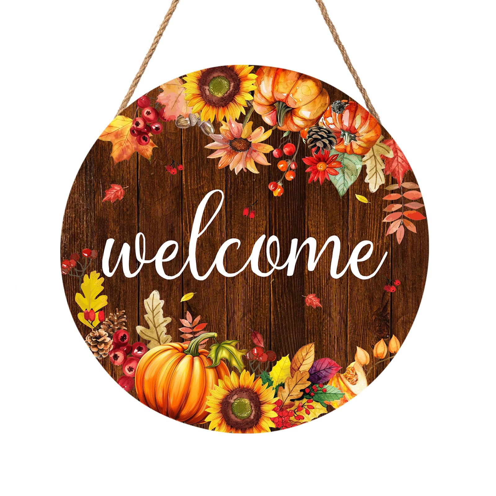 Fall Pumpkin Sunflower Front Door Welcome Hanger 12"x12" - Autumn Thanksgiving Farmhouse Decorations - Rustic Outdoor Hanging Plaque Wall Art for Home Porch