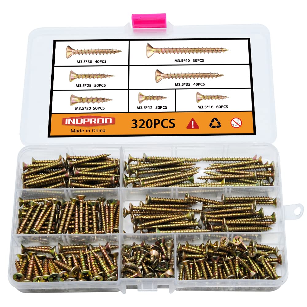 Indprod M3.5 Flat Head Wood Screws Assortment Kit 320 Pcs,Phillips