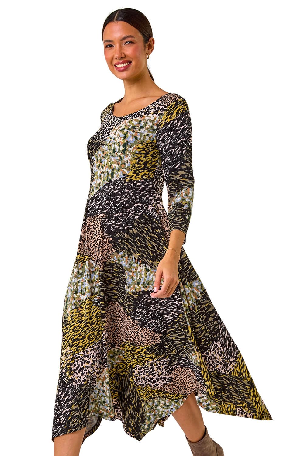 Roman Women's Green Animal Print Hanky Hem Midi Dress Size 10