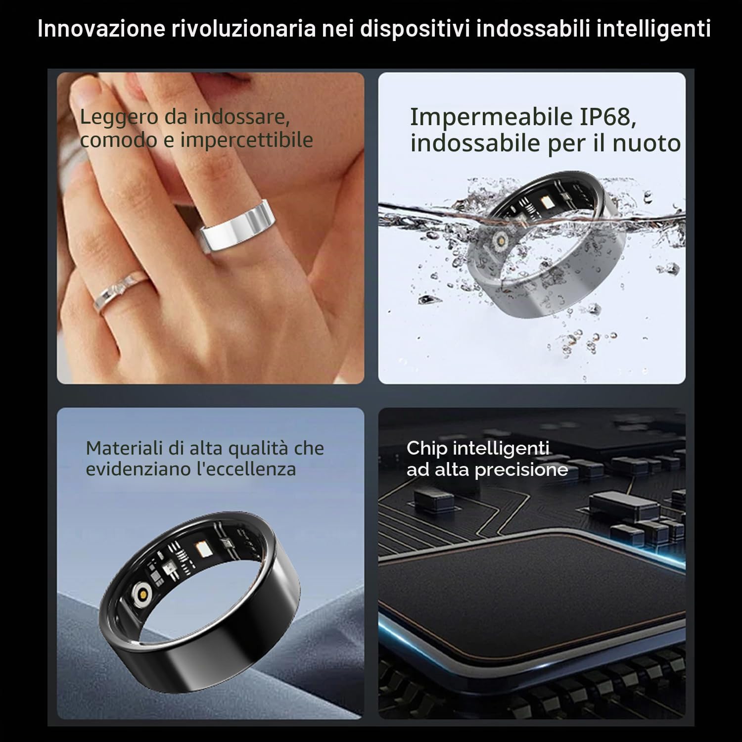 LONGLU Anello intelligente per uomo e donna, con frequenza cardiaca, ossigeno nel sangue, sonno/sport, IP68, impermeabile, per iPhone e Android (Nero, 11)