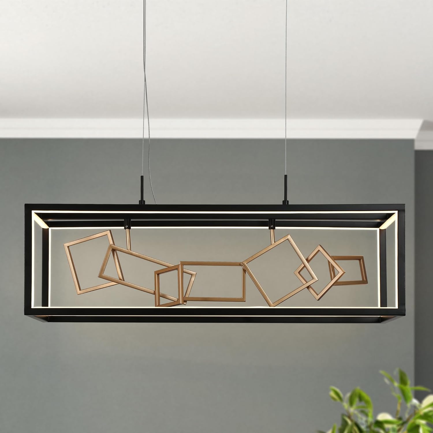 KSANA Black and Gold LED Chandeliers, 3000K, CRI >90, 8-Light Rectangle Dining Room Chandelier Over Table, Modern Kitchen Island Lighting