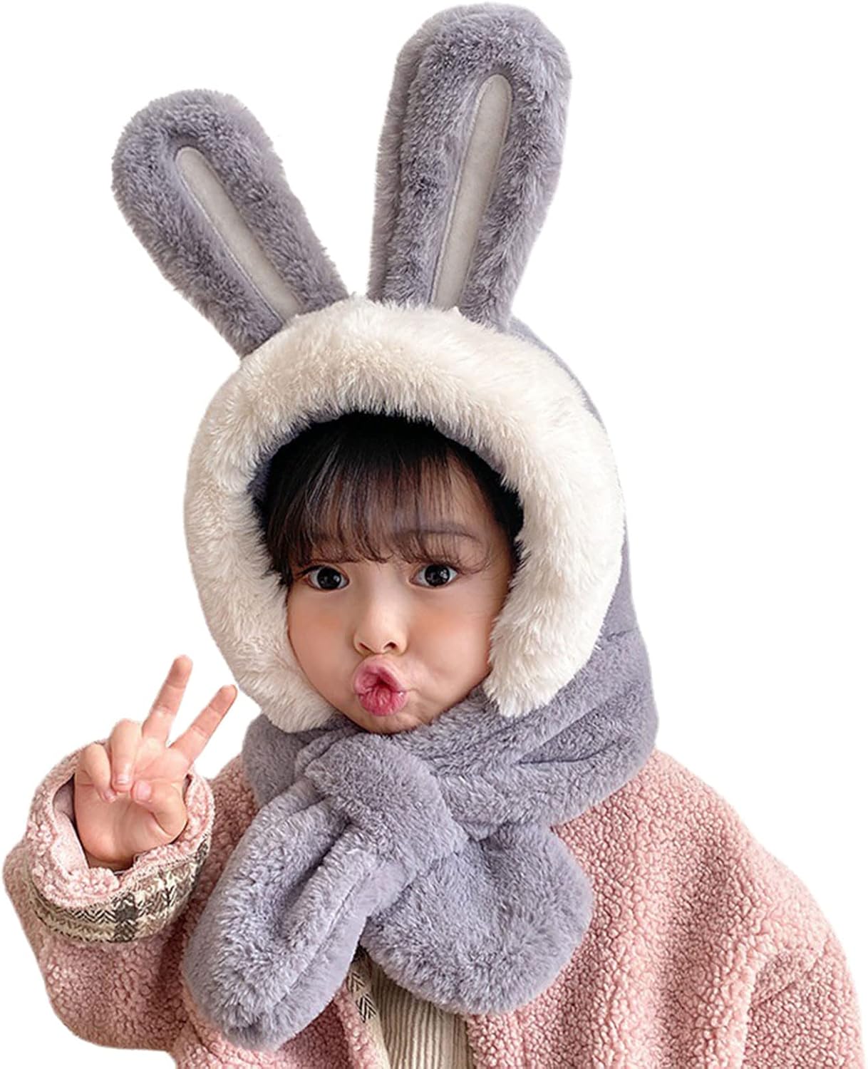 Scarf,Kids Winter Hat Warm Plush Scarf Hats Thick Earflap Hooded with Rabbit Ears Decoration for Boys Girls Ages 3-8 Scarf(Pink)