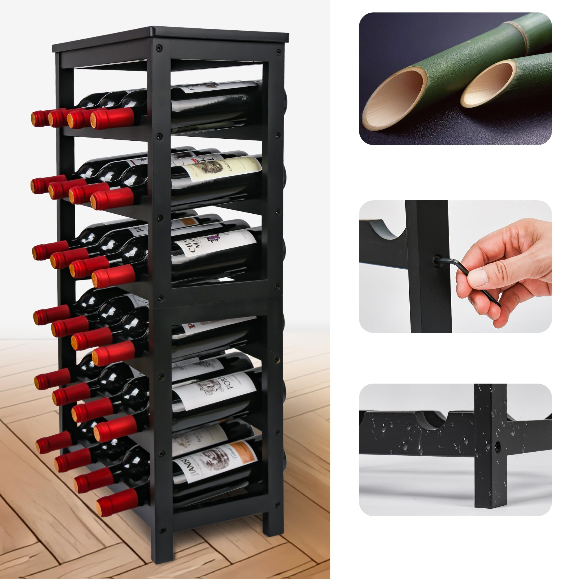 VASMIA Cantinetta Portavino in Legno Bambù con 24 Scomparti per Vino Champagne, Portabottiglie da Terra, Cantina per Angolo Bar, Salotto, Cucina, Nero - 5