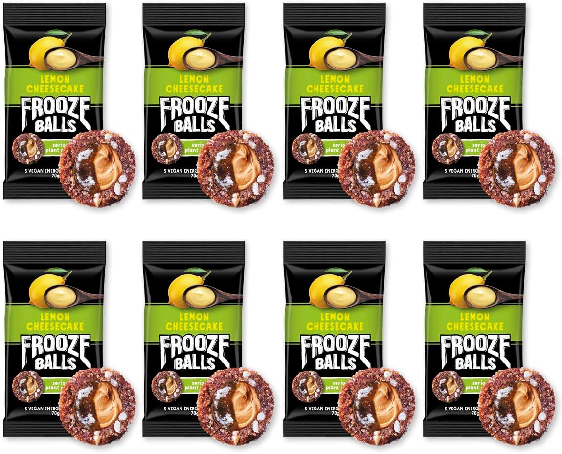 Frooze Balls Lemon Cheesecake. Plant-Powered, Double-Filled Energy Balls. Healthy Vegan Snacks, Gluten-Free, non-GMO (8 count, each with 5 balls). Great for lunch box, hiking, workout + travel