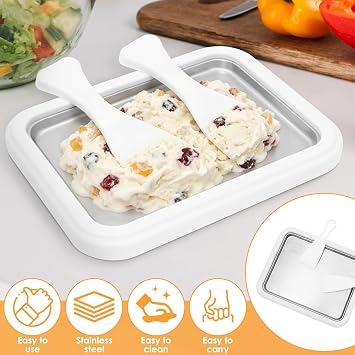 Ice Cream Roll Maker with 2 Scrapers Stainless Steel Rolled Ice Cream Tray DIY Frozen Yogurt Machine for Making Soft Serve Slushies and Gelato DIY Homemade Frozen Yogurt Machine (22.5x17.5x3.5cm)