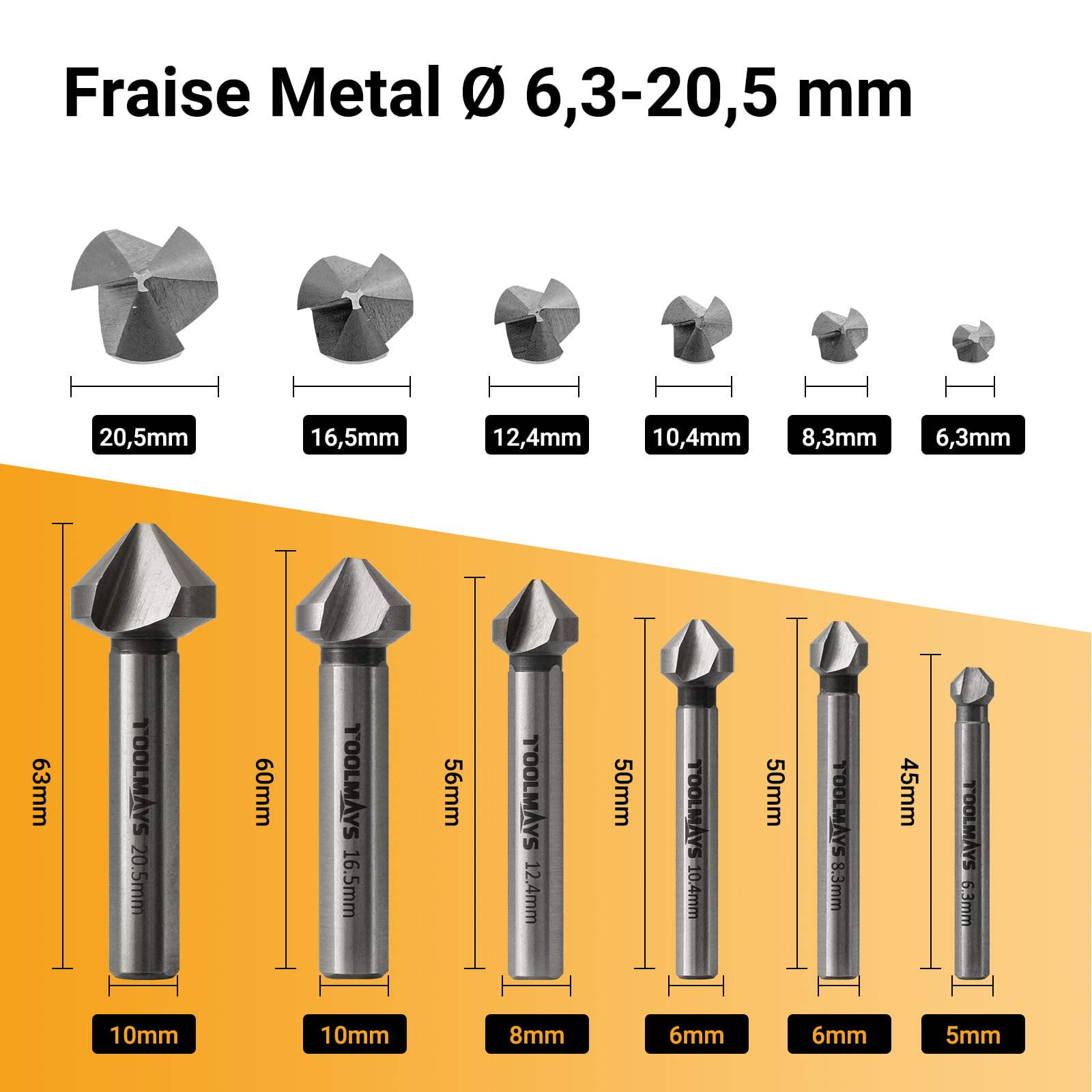 Fraises Coniques Hss, M35 Cobalt Fraise à Chanfreiner 6 pièces, ø 6,3-20,5 mm Fraise Metal 90° Pour Acier Inoxydable, Fer, Aluminium Cuivre, Bois Et Plastique