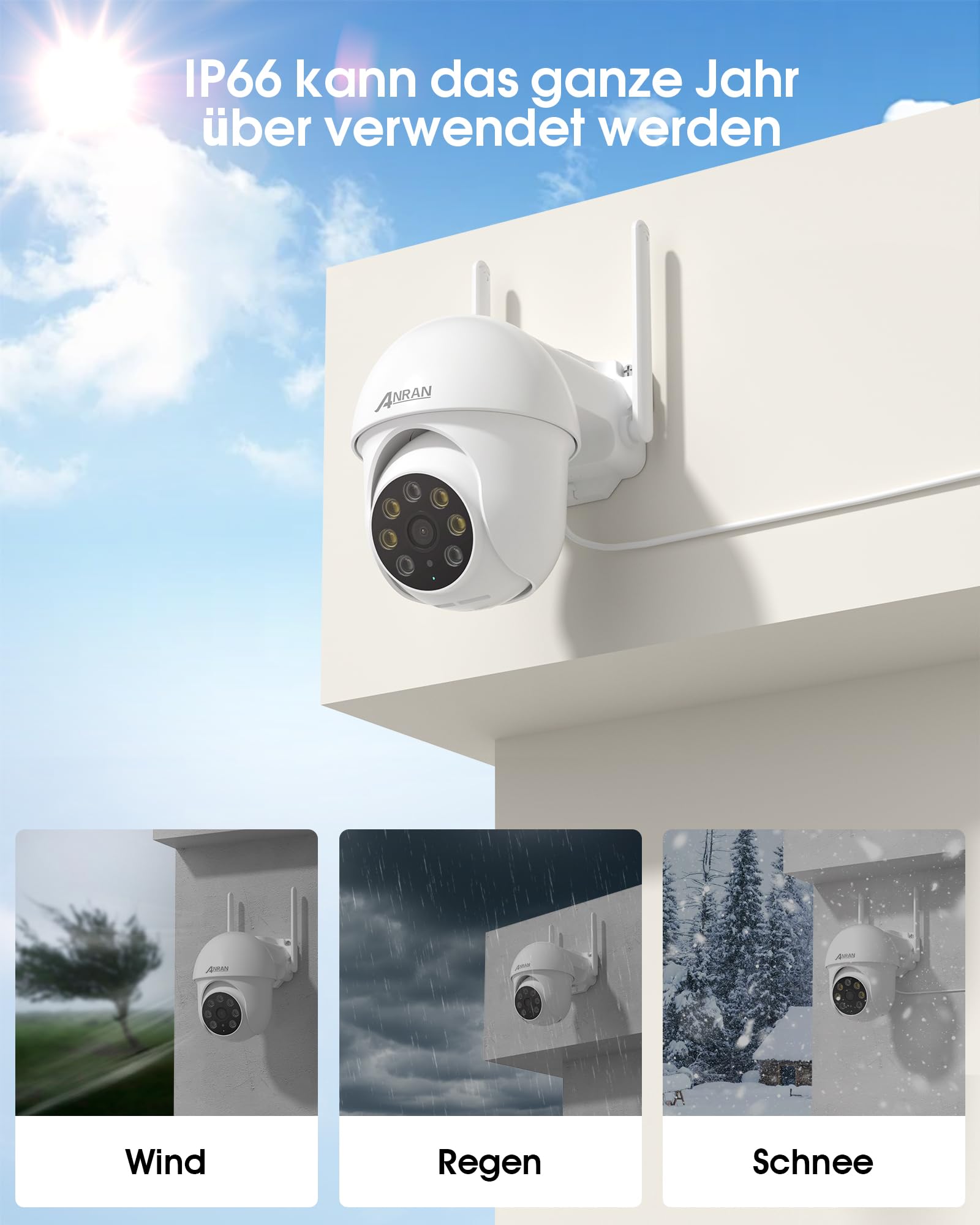 ANRAN 2K Überwachungskamera Aussen WLAN,24/7 Aufzeichnung,360° PTZ | Kamera Outdoor mit Automatischer Verfolgung,2,4 & 5 GHz,20m Farbnachtsicht mit Flutlicht,2-Wege-Audio,Alexa,IP66,2pcs