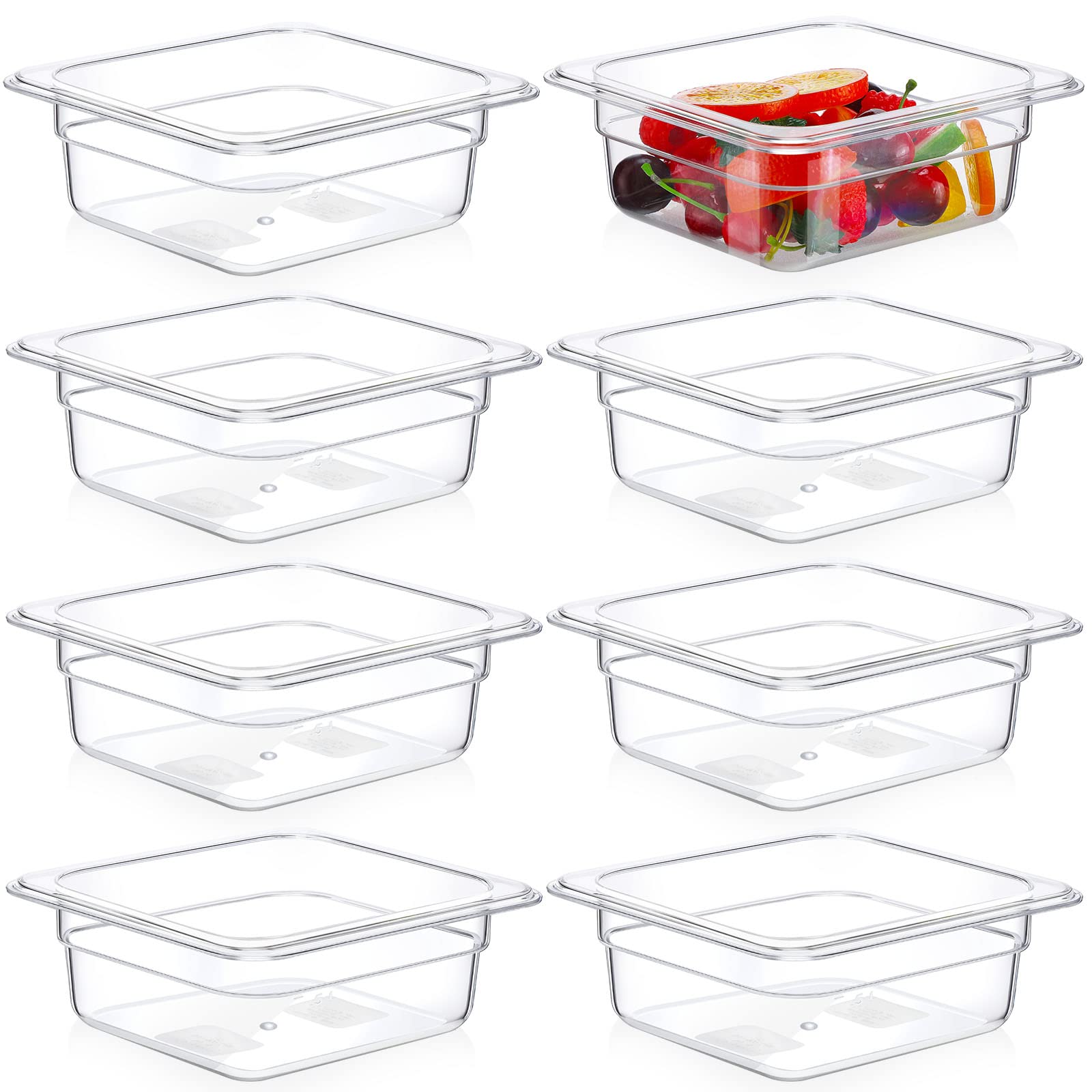 Nuenen 8 Pcs 1/6 Size, 2.6 Inch Deep Food Storage Container, Polycarbonate Plastic, Clear, Cold Pans for Kitchen Restaurant Food Prep, 1 Quart