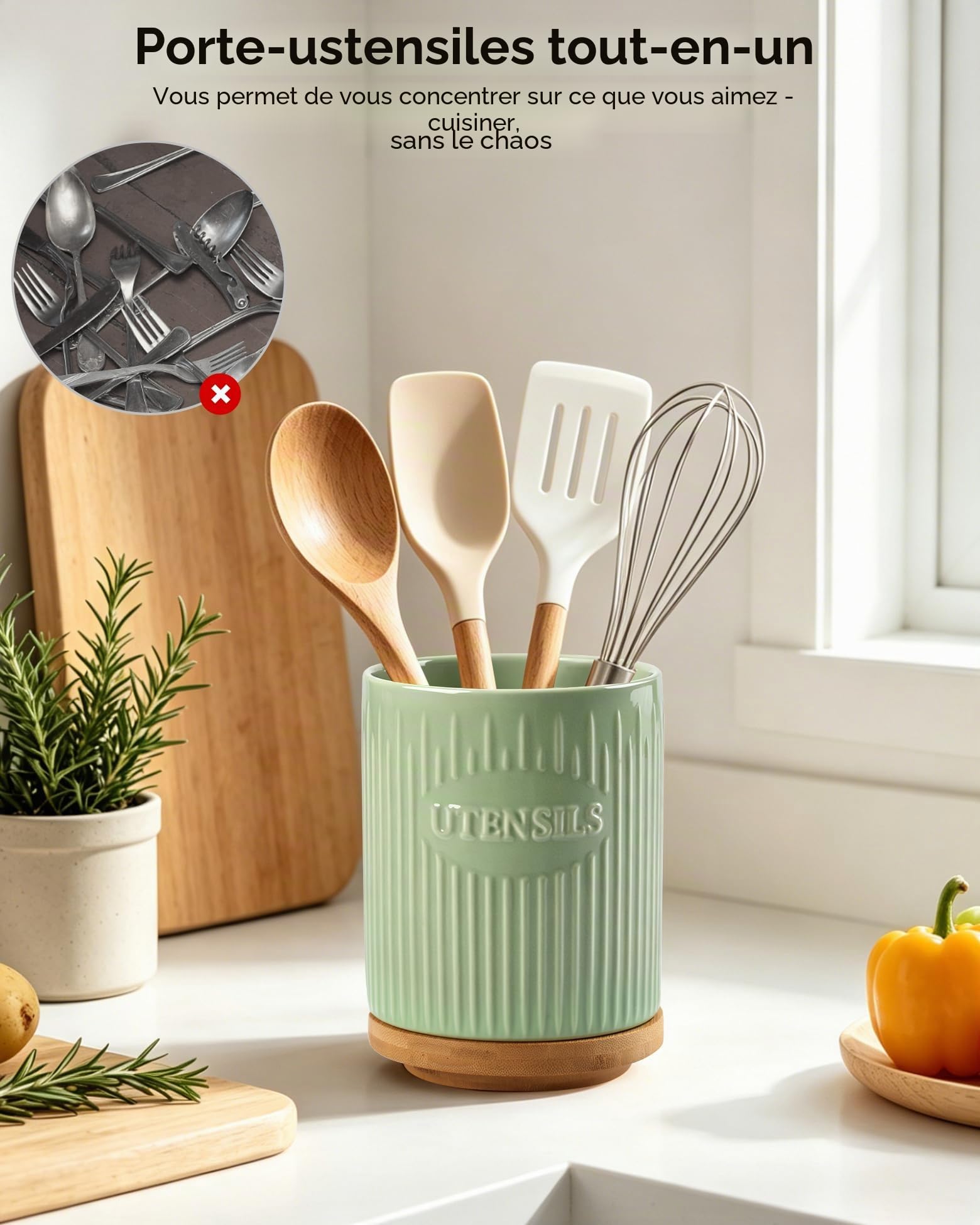 Porte-ustensiles rotatif à 360°, grand organiseur de cuisine en céramique de 19,5 cm avec base en bambou, stable, décoration de cuisine de style fermière, vert