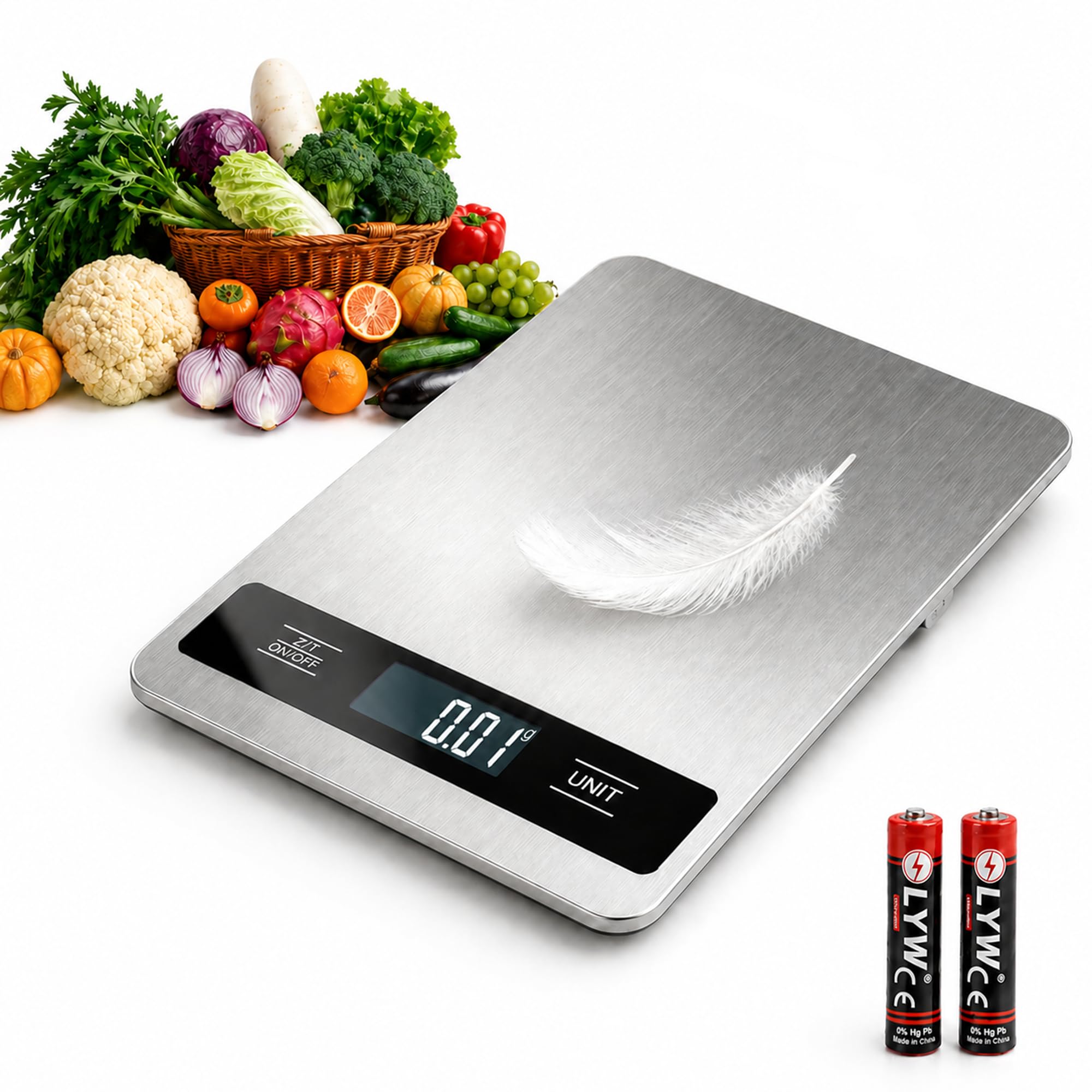 Báscula digital de cocina para alimentos, 15 kg, precisión de 1 g, acero inoxidable, ligera, con baterías, para cocinar, hornear, preparar comidas