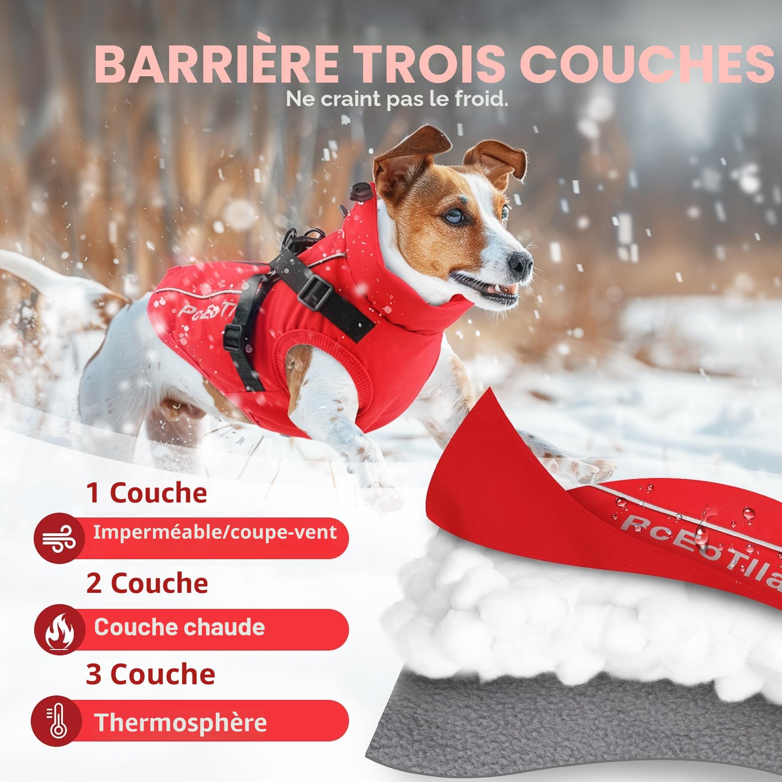 PcEoTllar Manteau imperméable pour Chien de Petite Taille, Veste Chaude réfléchissante avec Harnais pour l'hiver, Costume de Ski, Pull pour Chien, en Coton, Rouge, Taille M