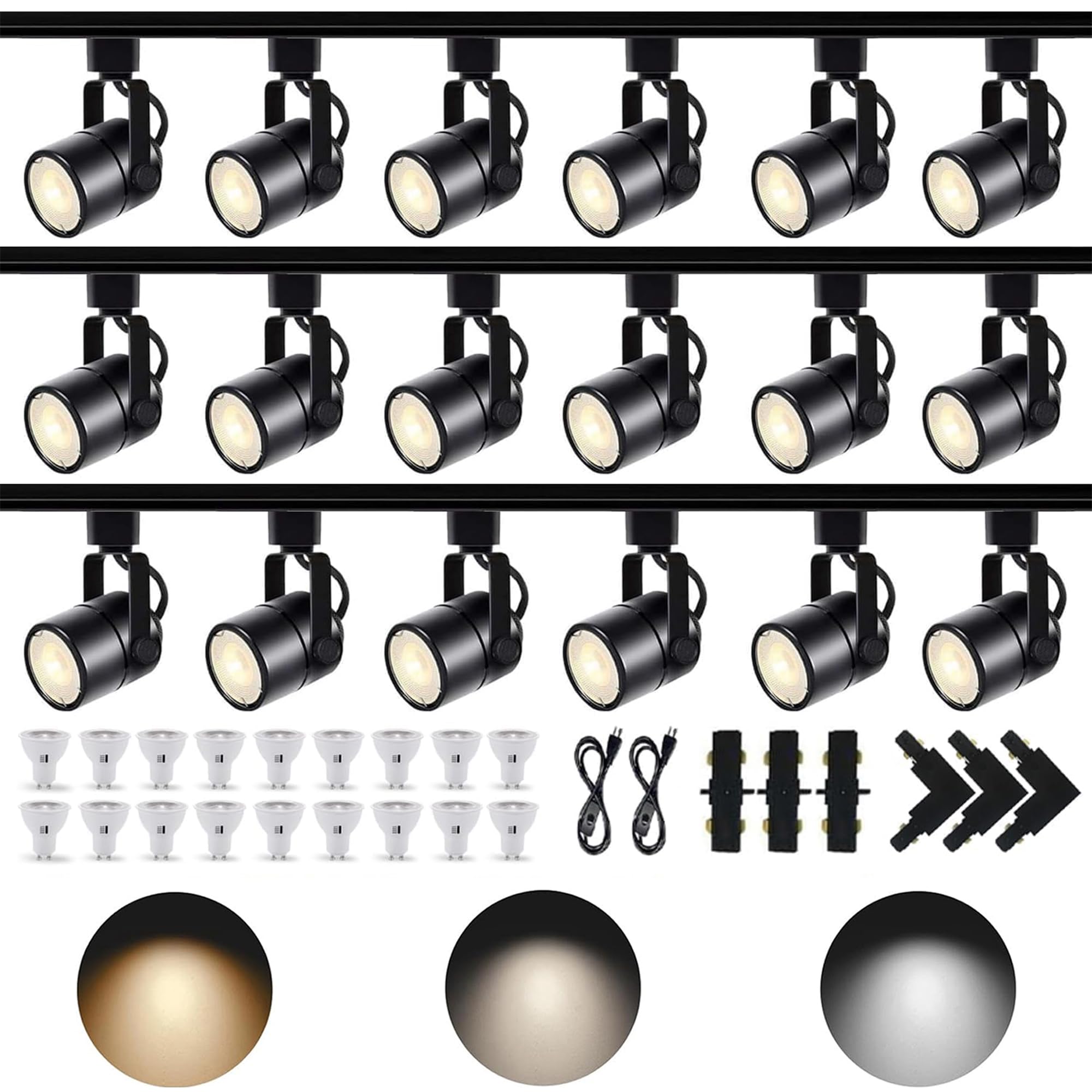 LED Track Lighting Kit, 3CCT 10W Track Lights Heads 3000K/4000K/6000K Adjustable with 19.68FT H-Type Track Light Rails 18PCS Ceiling Spotlight Fixture Replaceable GU10 Bulb