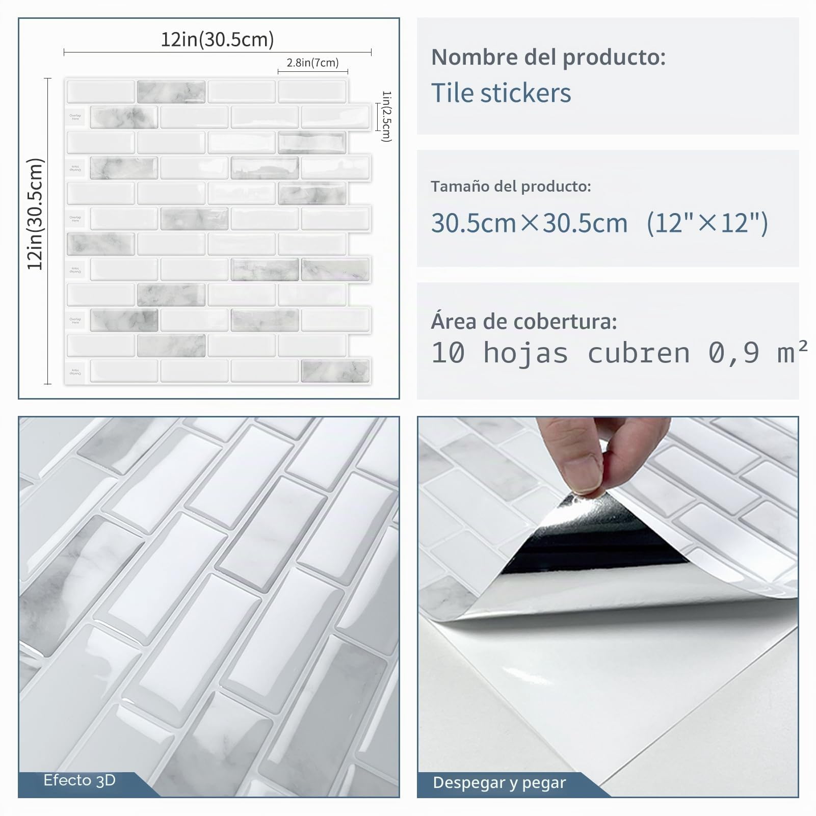 DEWOO Cristal Autoadhesivos Azulejos Vinilo Adhesivo Baldosas 3d Relieve Pared Mármol Piedra Cocina Baño,10-Piezas (30.5 x 30.5cm)