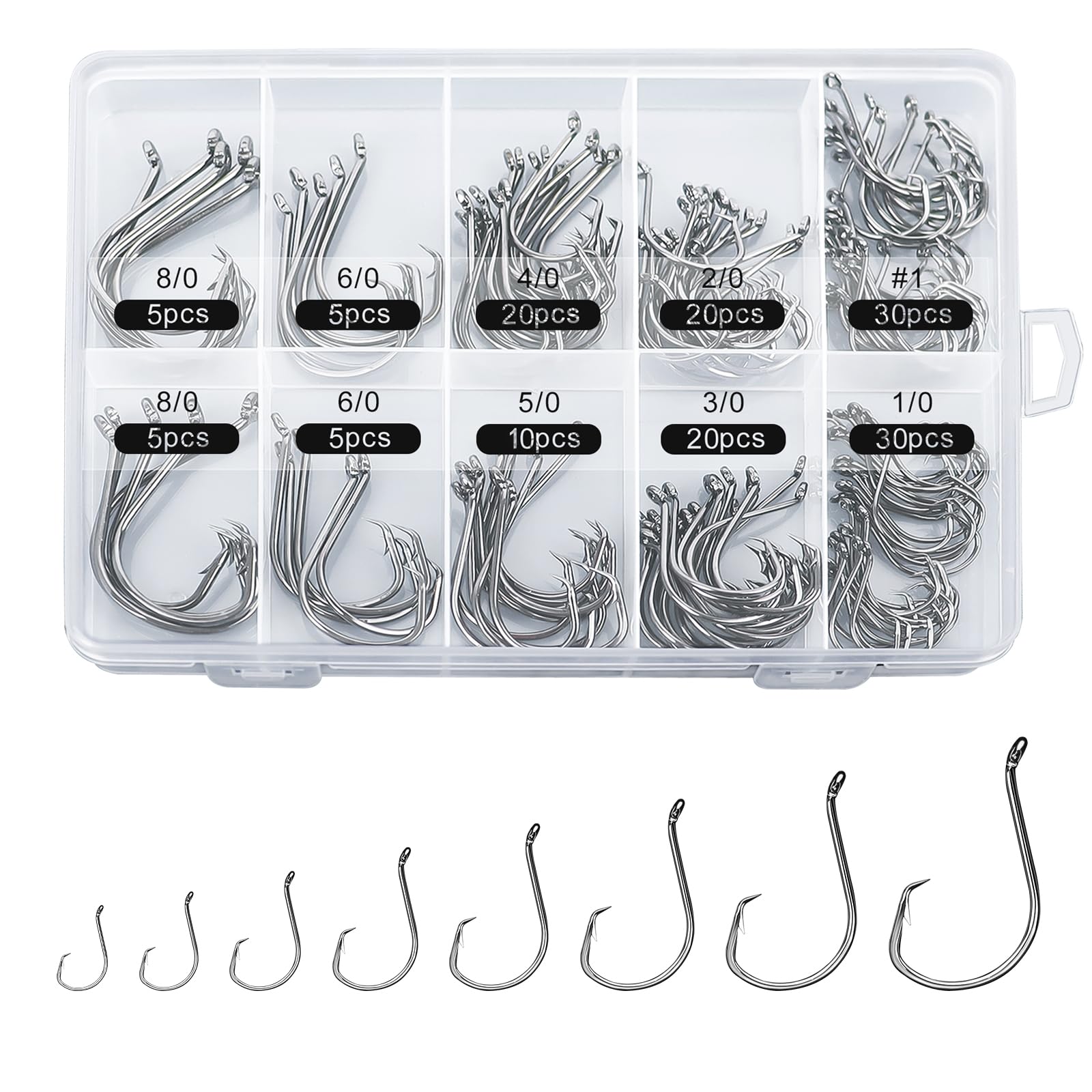 150PCS Circle Hooks, Strong High Carbon Steel Fresh and Saltwater Fishing Hooks, Variety of Different Sizes Circle Hook - Size:#1 1/0 2/0 3/0 4/0 5/0 6/0 8/0