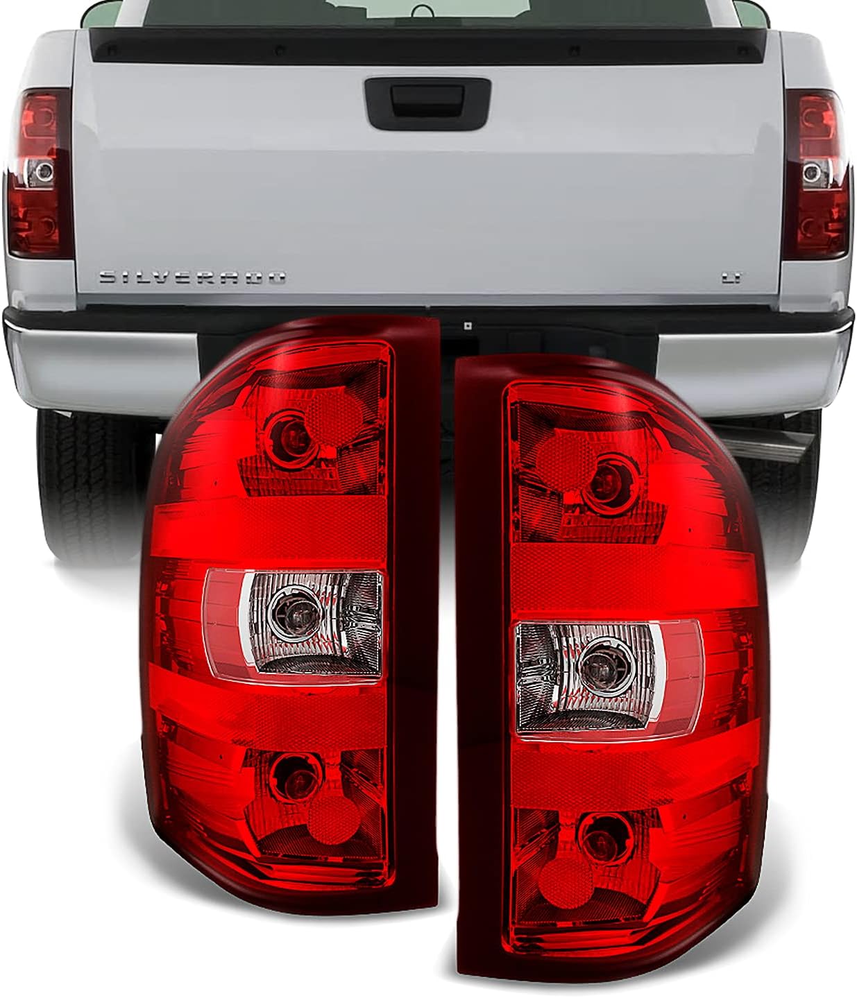 AKKON - For Chevy Silverado Pickup Truck Rear Red Clear Tail Lights Brake Lamps Replacement Pair Left + Right