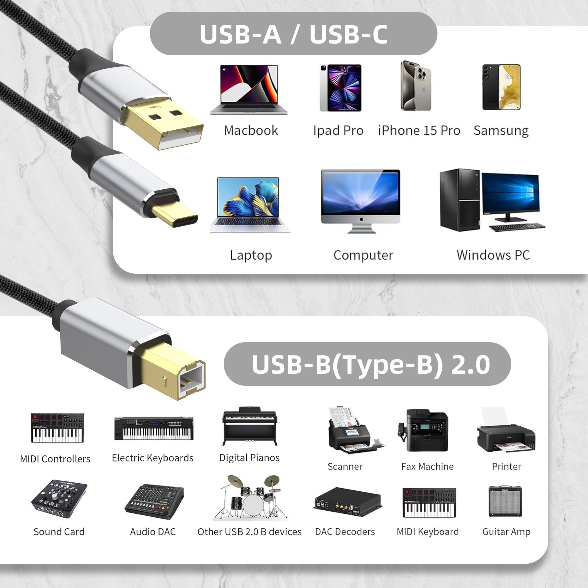 Cavo per stampante, 1,2 m, USB 2.0, cavo USB A e USB C a USB-B per MacBook, cavo 2 in 1 da USB C a USB B cavo per stampante con USB A-maschio a B maschio, cavo intrecciato per MacBook Pro, HP, Canon
