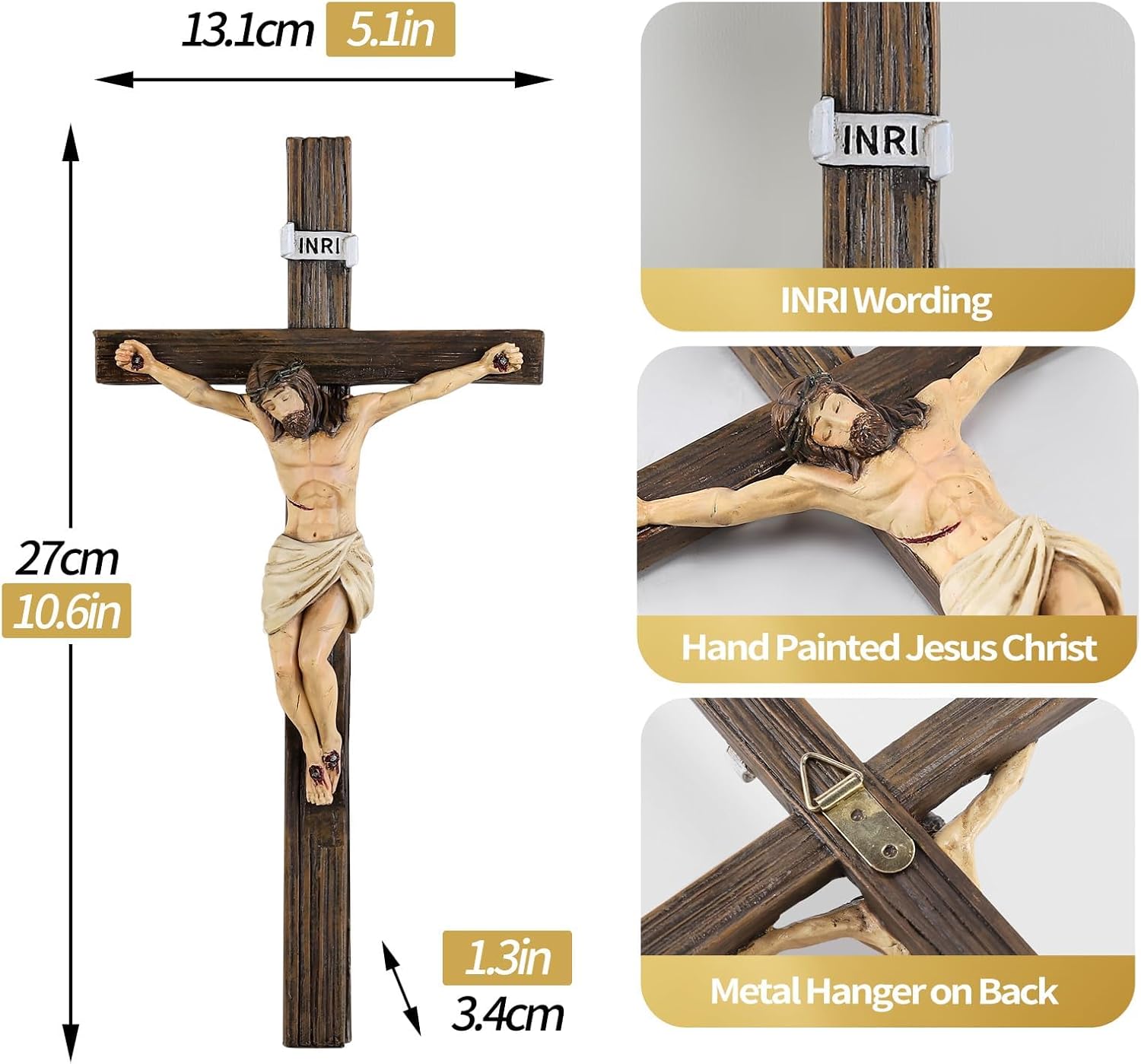Magicsculp 10.6'' Catholic Crucifix Wall Crosses - Hand Painted Jesus on the Cross, Religious Cross Gifts on Hanging Wall for Church Home Office Baptism Decor