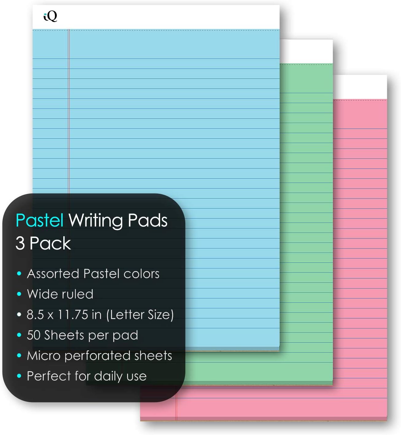 iScholar iQ Pastel Writing Pads, 3 Pack, Wide Ruled, 8.5" x 11.75", 50 Sheets Per Pad, Asst. Pastel Colors (58113)