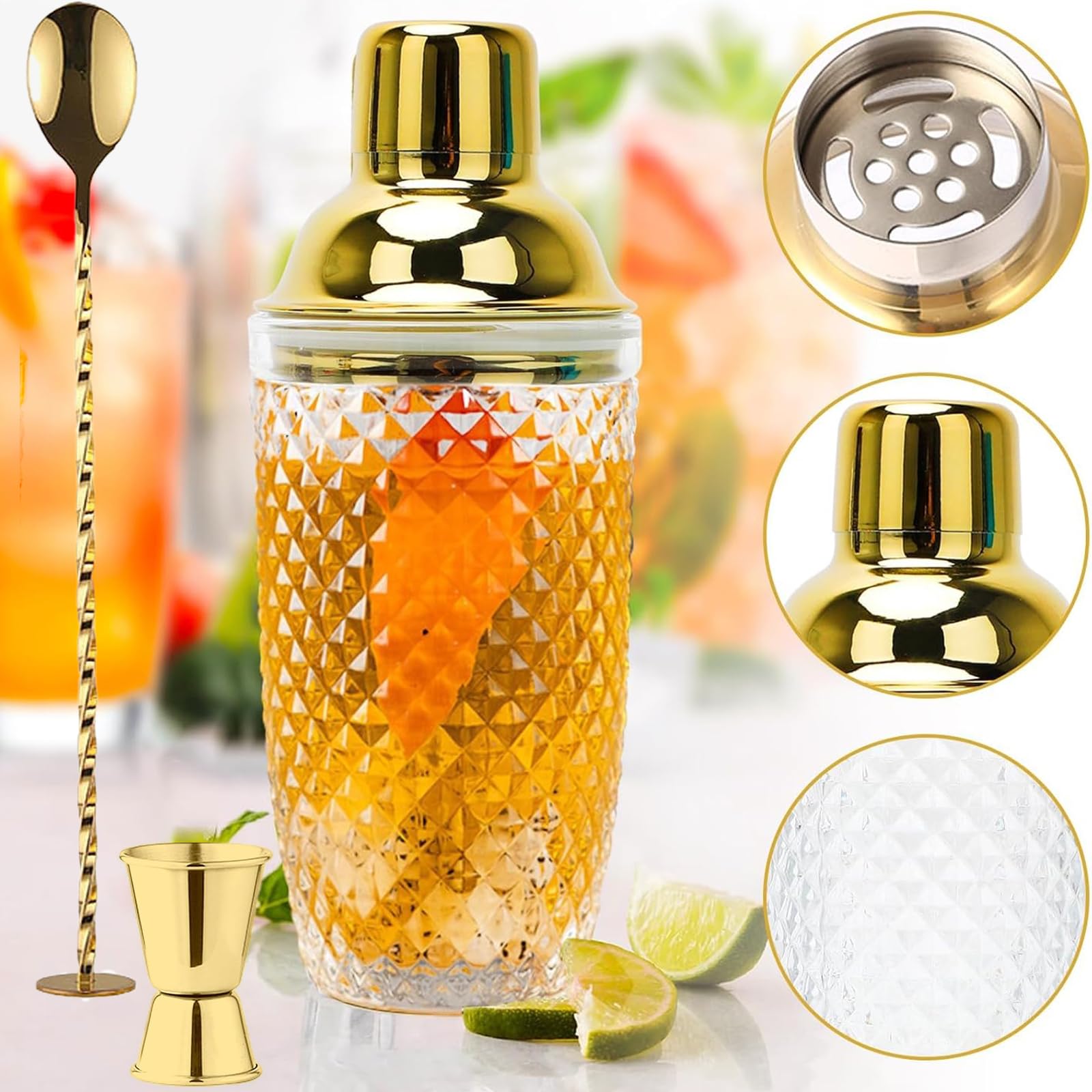 Set Di Shaker per Cocktail In Vetro 400ml, Shaker Da Cocktail In Vetro Trasparente, 400 Ml Shaker In Cristallo, Con Misurino e Cucchiaio, per Bar Domestici, Bevande a Base Di Succhi Di Frutta, Oro