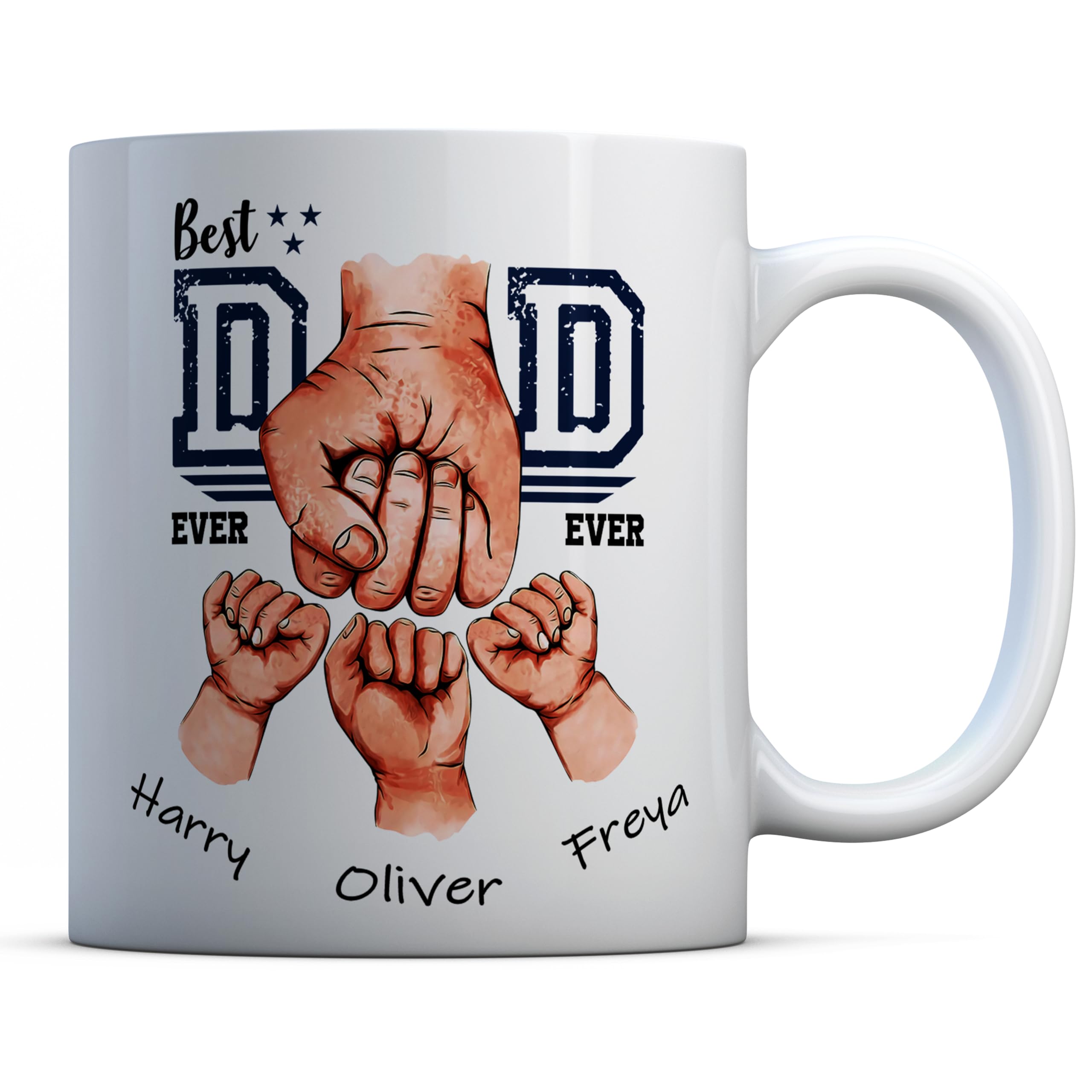 EasyInkPress - Best Dad Ever Personalised Ceramic Coffee Mug with Kids Names, Daddy Fist Bump Present, Custom Father's Day Gift