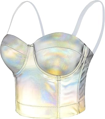 ELLACCI Reflective Metallic Bustier Crop Top Punk Club Party Womens Corset Top Bra