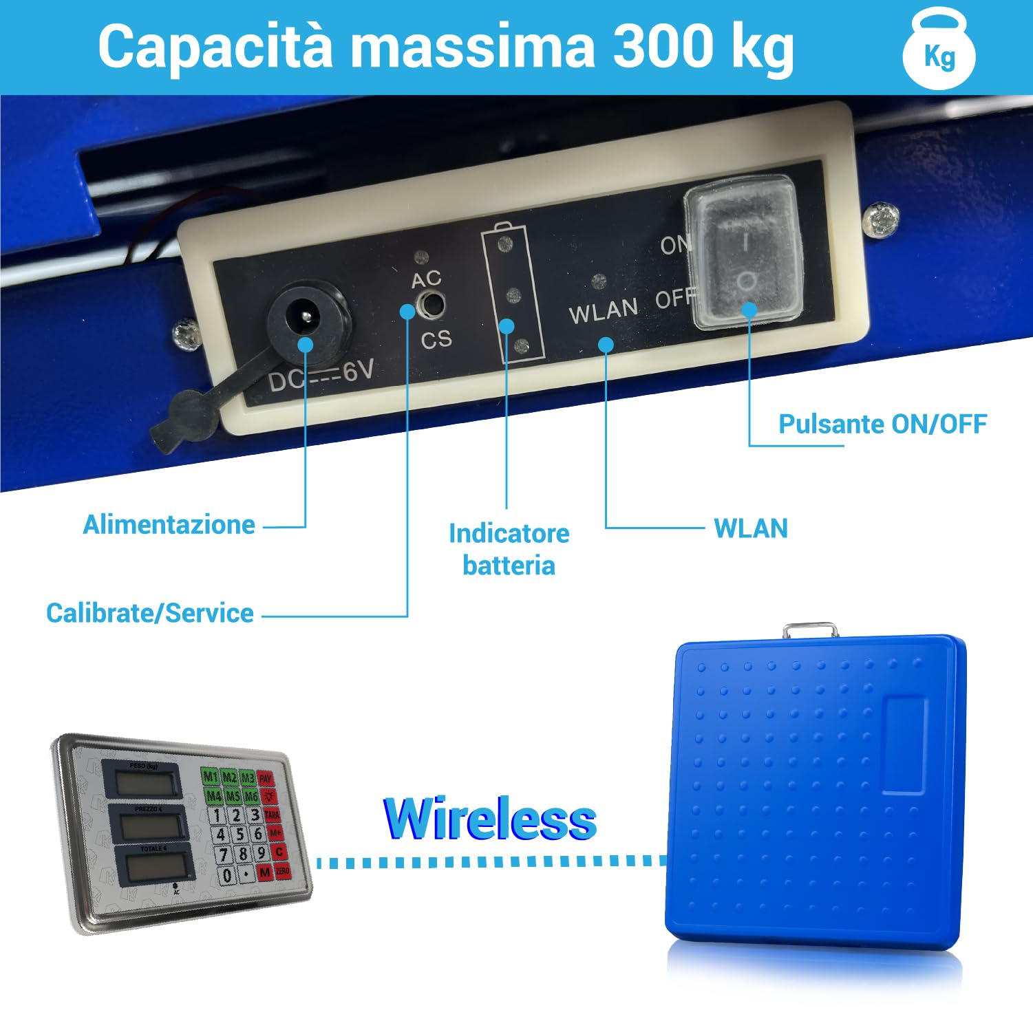 Crisalide Báscula de plataforma industrial inalámbrica 300 kg – Pantalla LED, plataforma de acero inoxidable, recargable con cable – 2 fuentes de alimentación incluidas – Báscula profesional