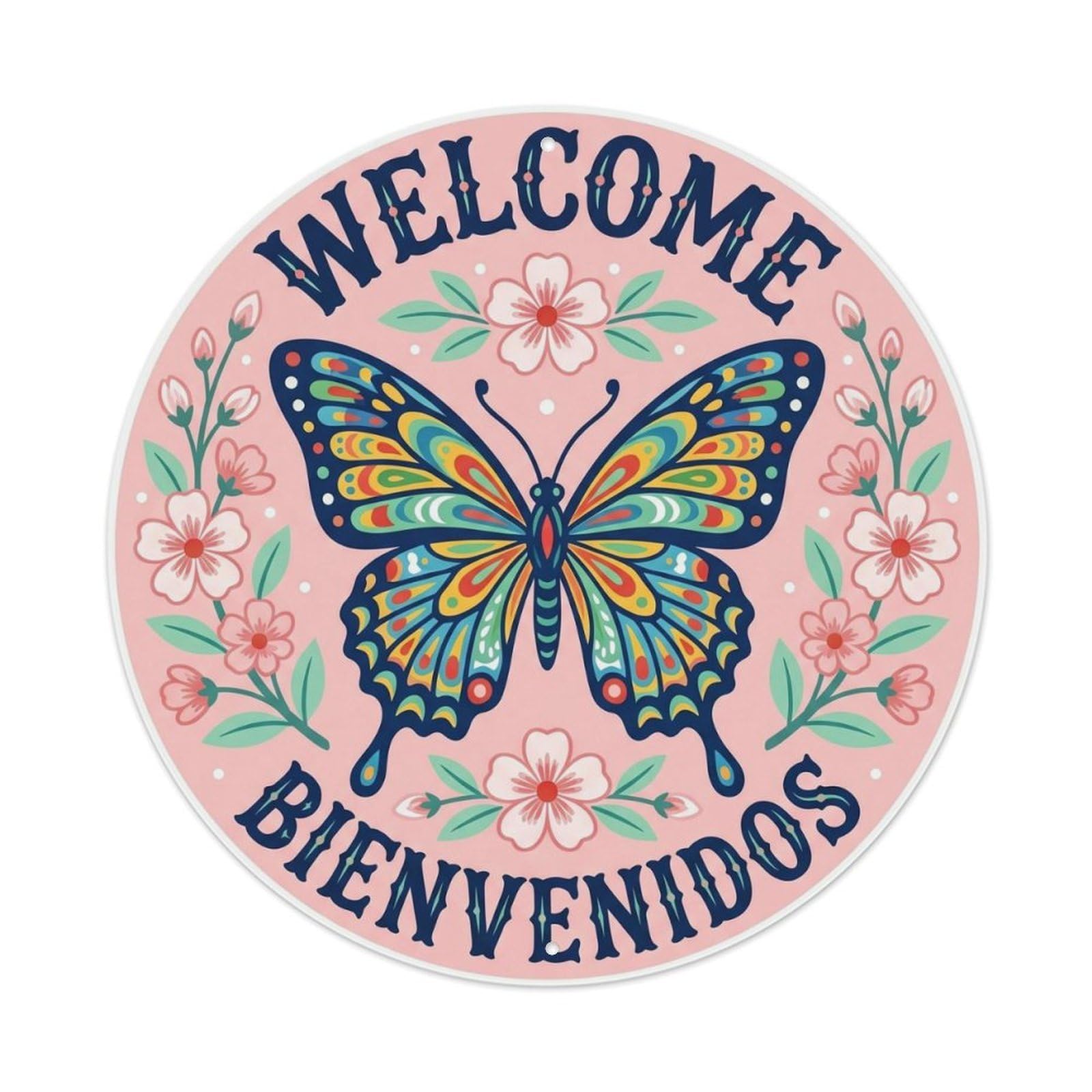 Butterfly Spanish Welcome Spring Bienvenidos Mosaic Metal Tin Sign