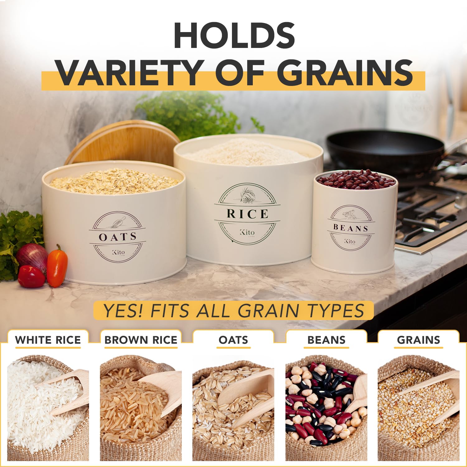 Kito LIVING Contenedores de almacenamiento de avena y arroz de frijol con tapas herméticos, almacenamiento de alimentos organización despensa cocina bujes con tapas de bambú, apilables y