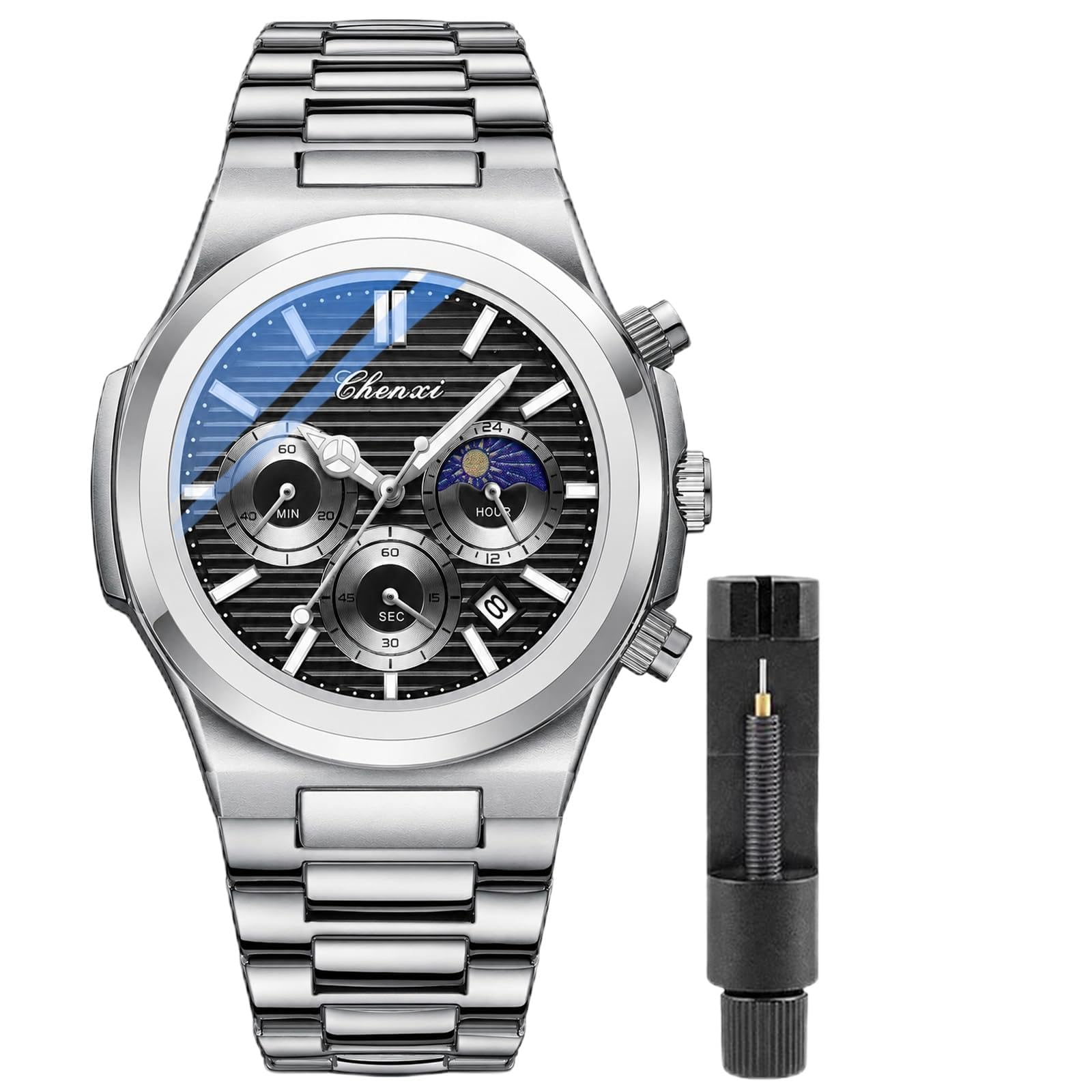 Gosasa - Orologio da uomo alla moda, in acciaio inox, movimento al quarzo, luminoso, impermeabile, con display analogico