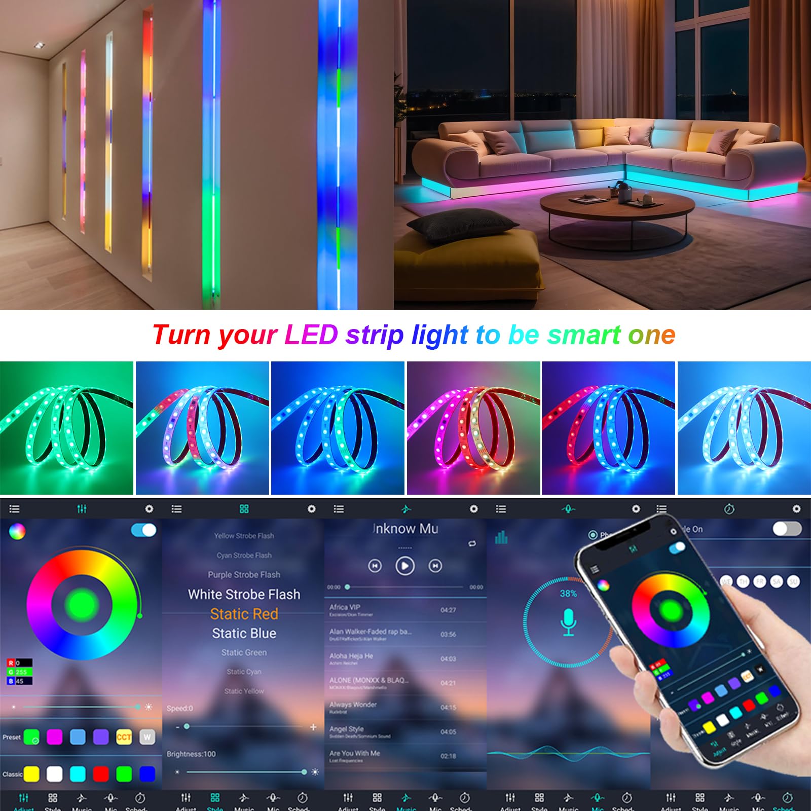 KISUFU 24V WS2811 Tiras LED, 5050 RGB LED Strip Light, 60 Leds/m Flexible IP68 Impermeable Flexible Neón LED Luces con Wifi music 24 teclas ir controlador para Habitación, Sala de Juegos, Fiesta.