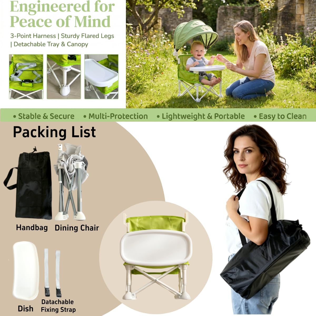 Siège de voyage pliable pour bébé avec position assise surélevée, chaise d'alimentation pour enfants, tout-petits et nourrissons avec plateau amovible et parasol amovible (crème)