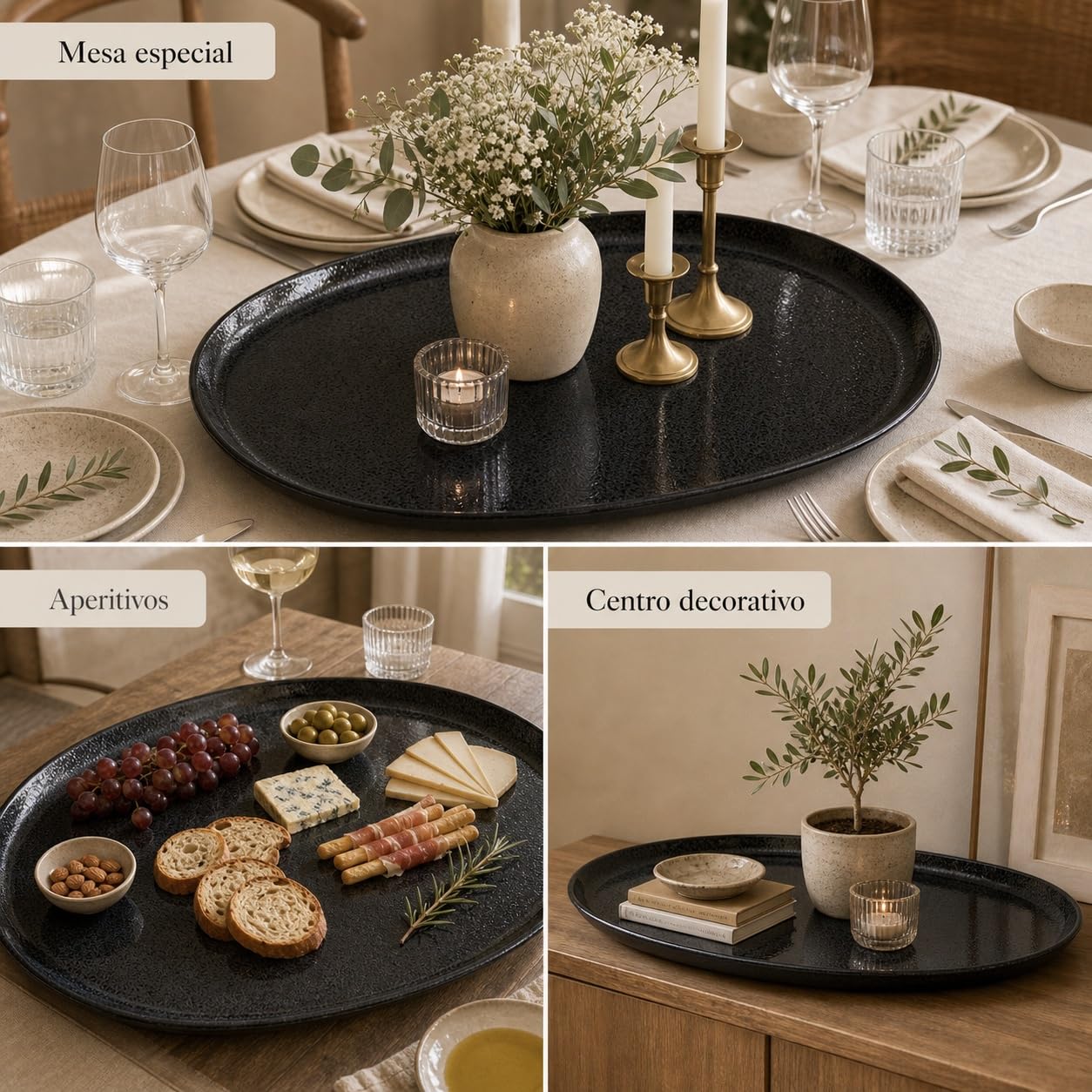 Bandeja de melamina XXL, fuente grande 60 x 47 x 5 cm para servir, presentar y decorar mesas especiales